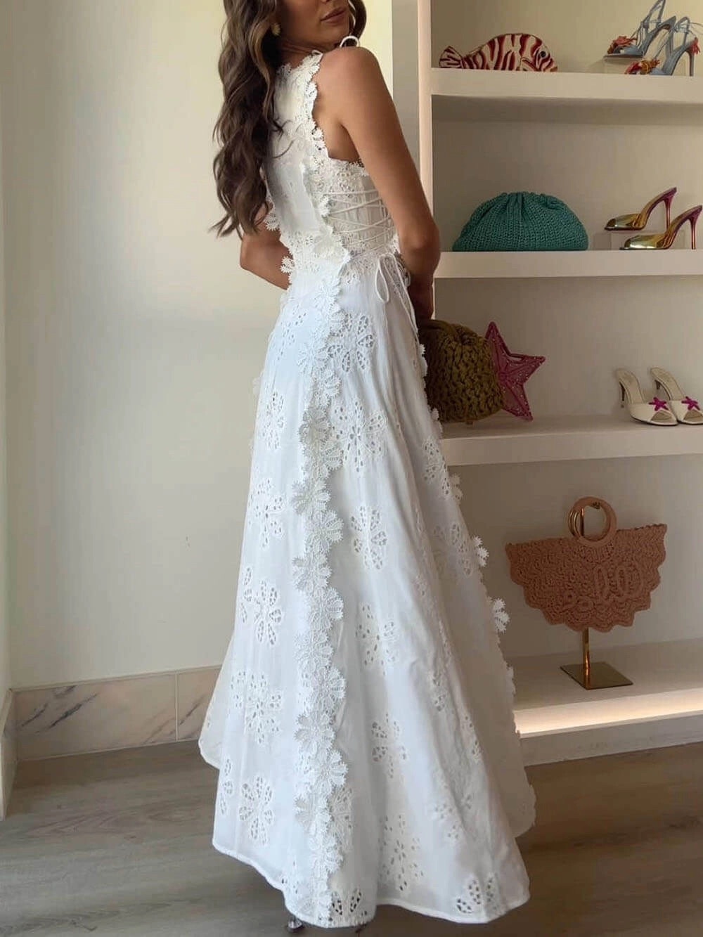 New 3D Floral Eyelet Maxi Dress